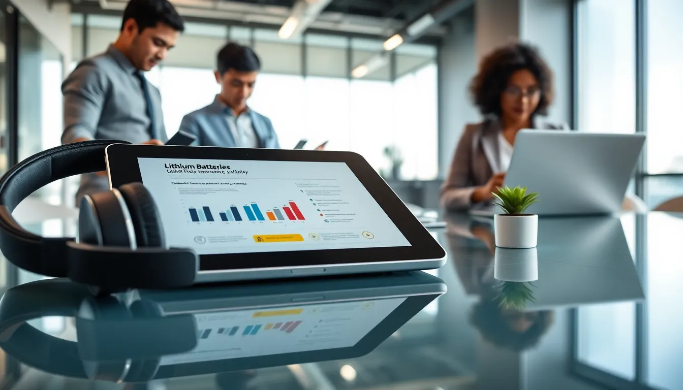 iPad on a glass table with professionals discussing technology.