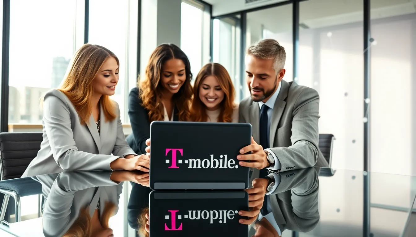 diverse professionals discussing a T-Mobile iPad in a modern office.