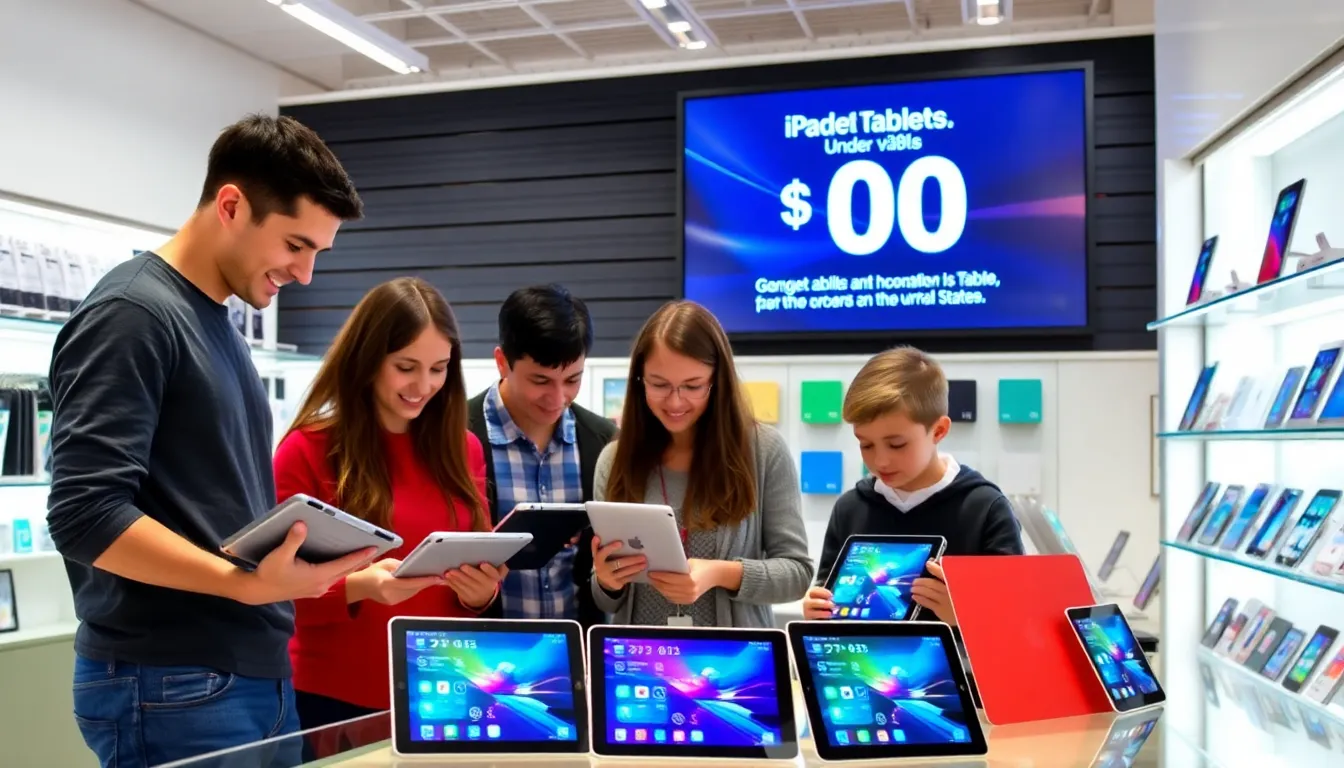variety of budget tablets on display in a retail environment.