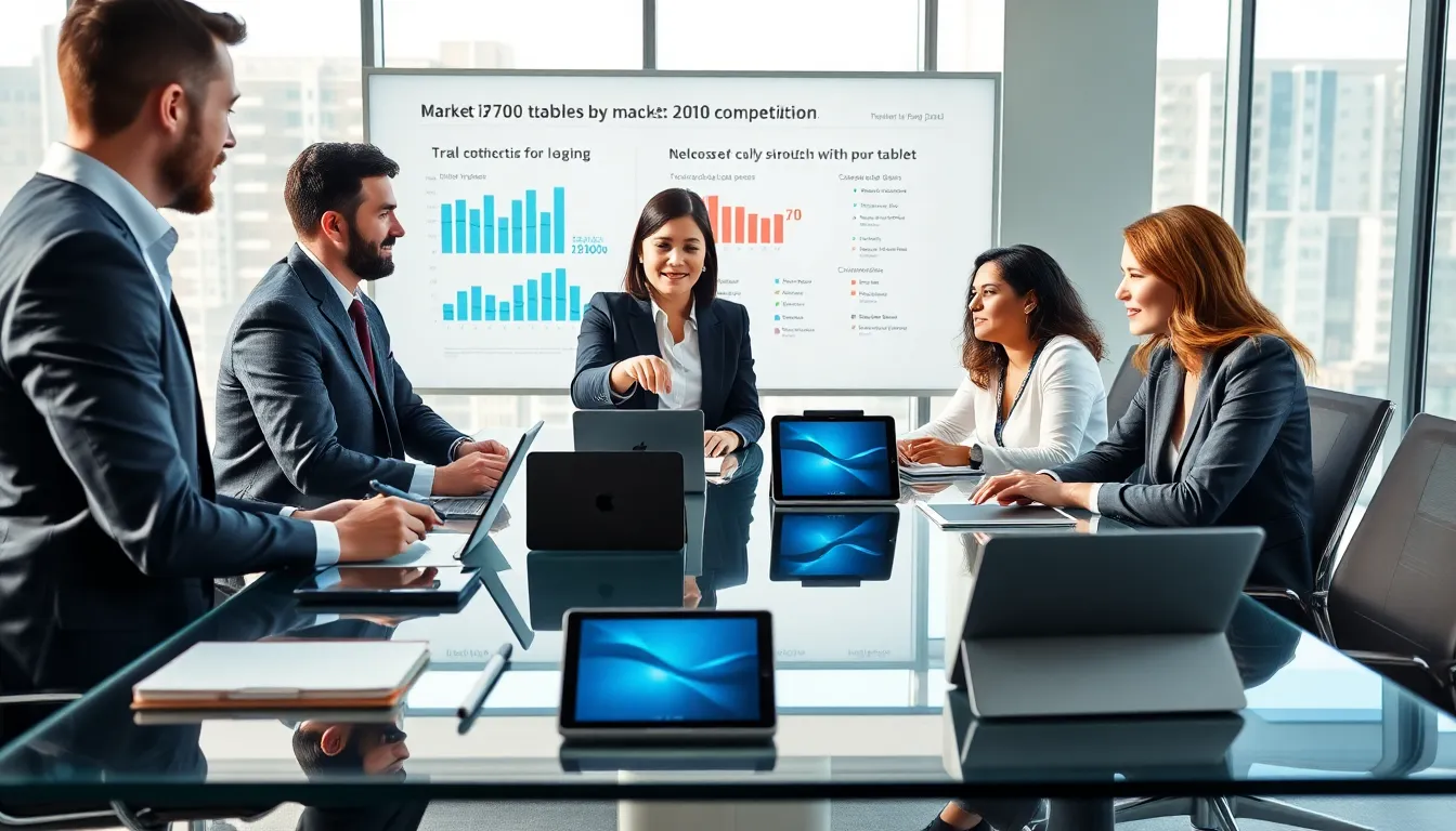professionals discussing iPads in a modern office setting.