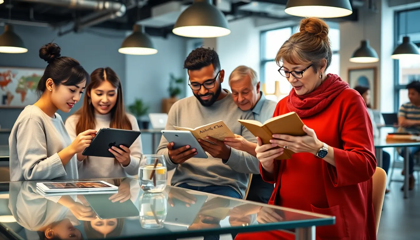diverse users engaged with iPads in a modern coworking space.