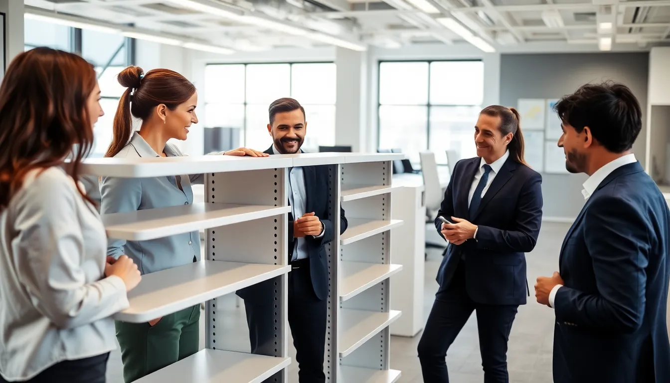 professionals collaborating around a modern shelf tech system in an office.
