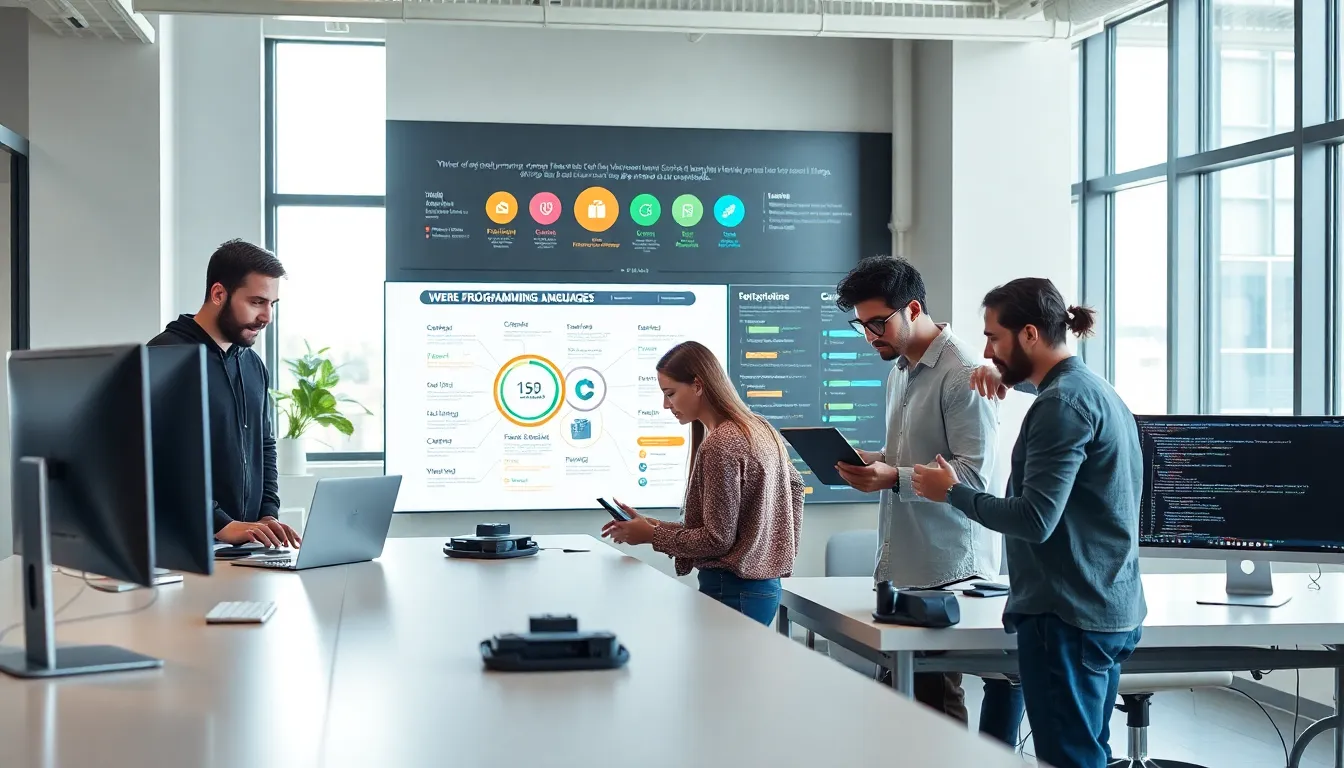 diverse team collaborating on programming tasks in a modern office.