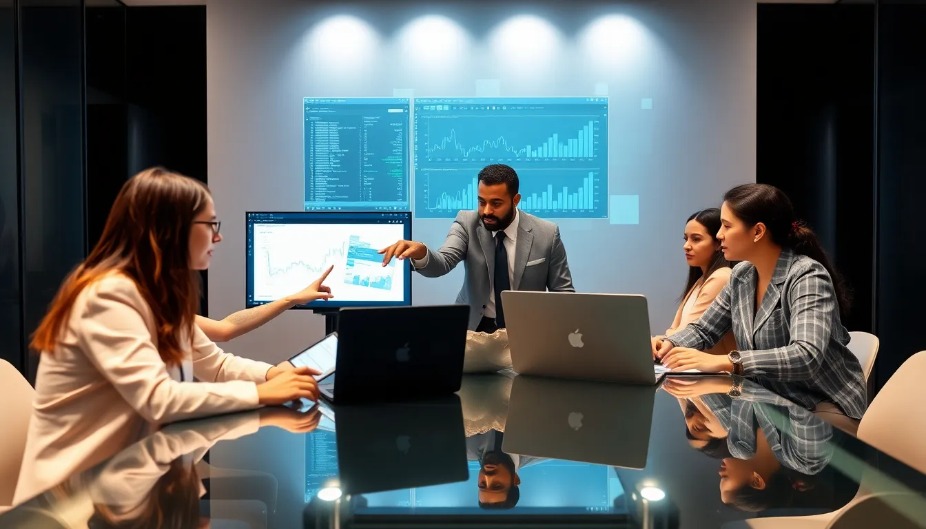 diverse data scientists collaborating in a modern office setting.