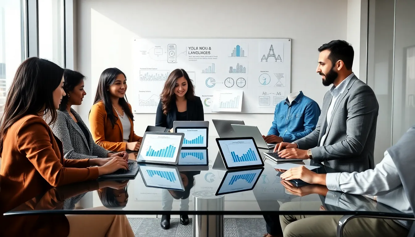 diverse professionals discussing programming languages and salaries in a modern office.