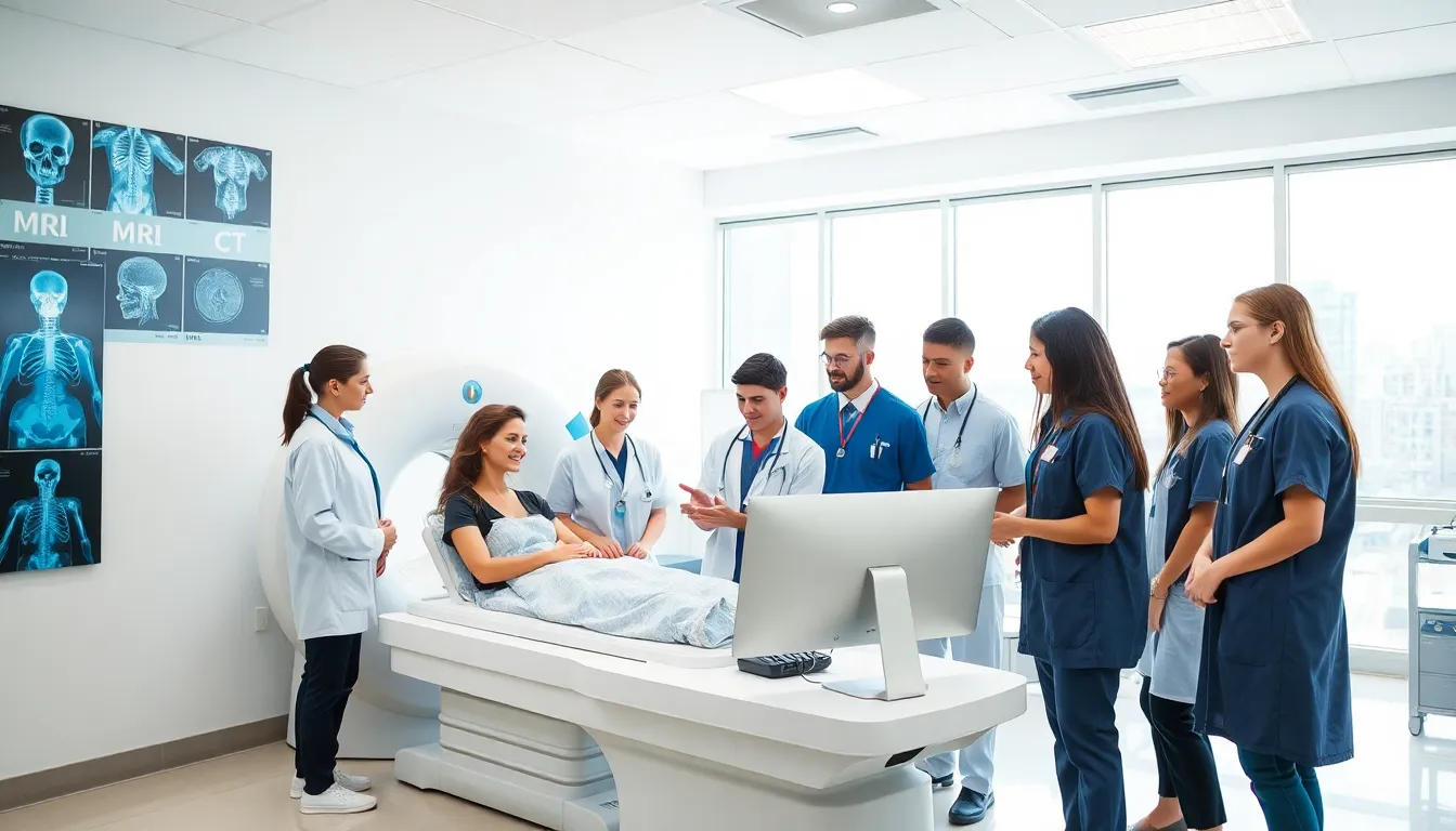 radiology technicians collaborating in a modern hospital environment.