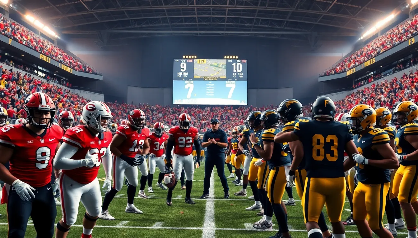 Georgia Bulldogs and Georgia Tech players preparing for a college football game.
