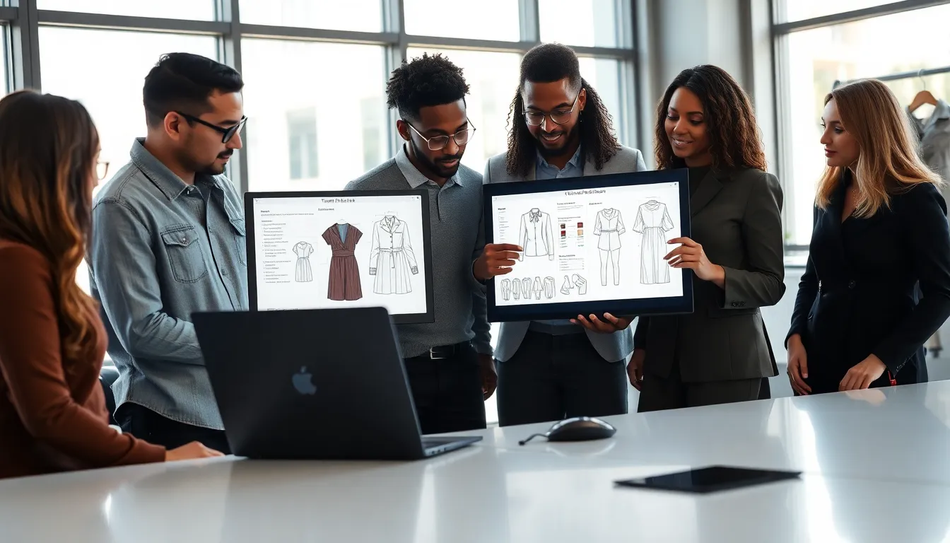 diverse team discussing a tech pack in a modern office.