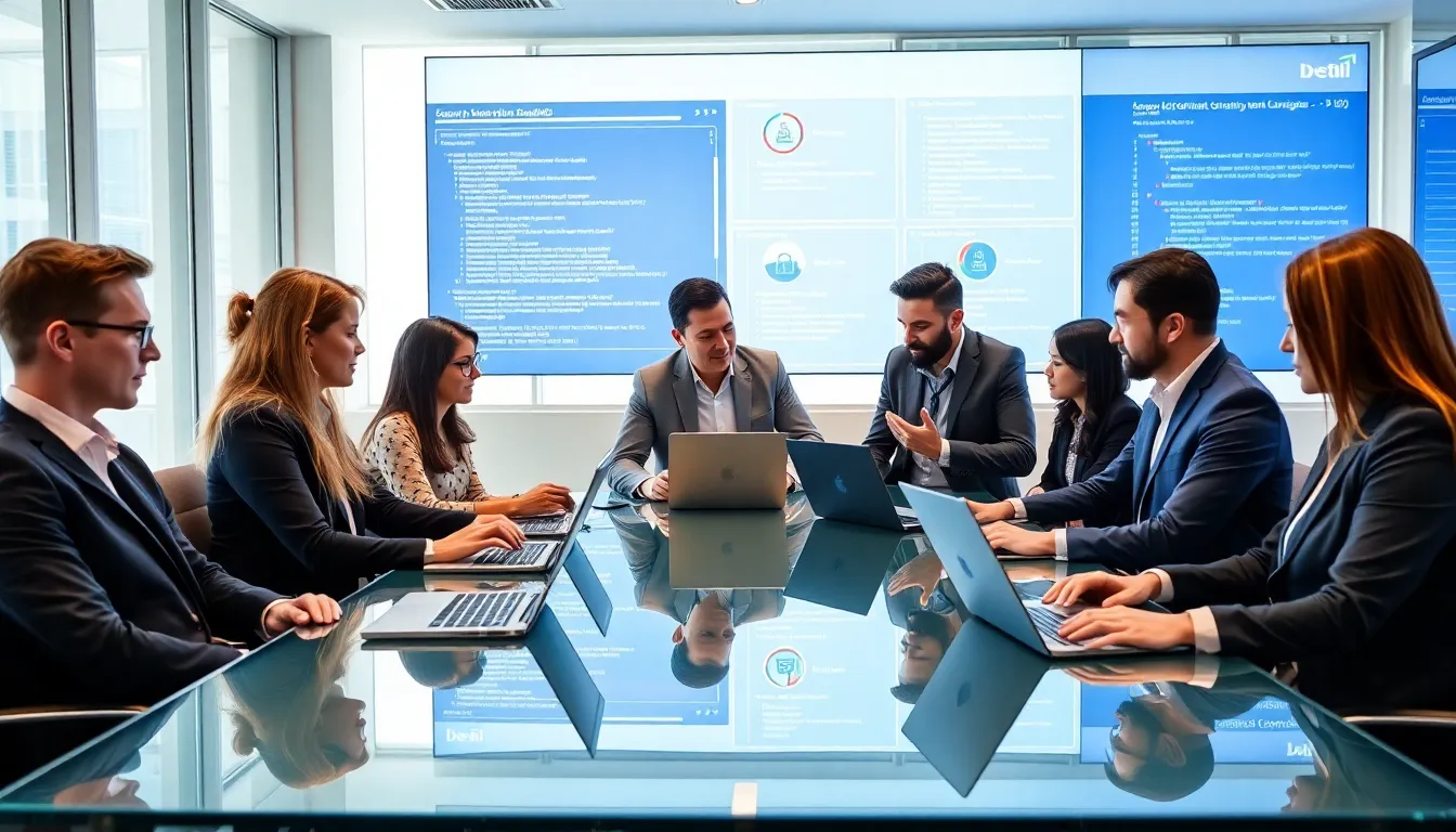 diverse cybersecurity team collaborating with laptops in a modern office.