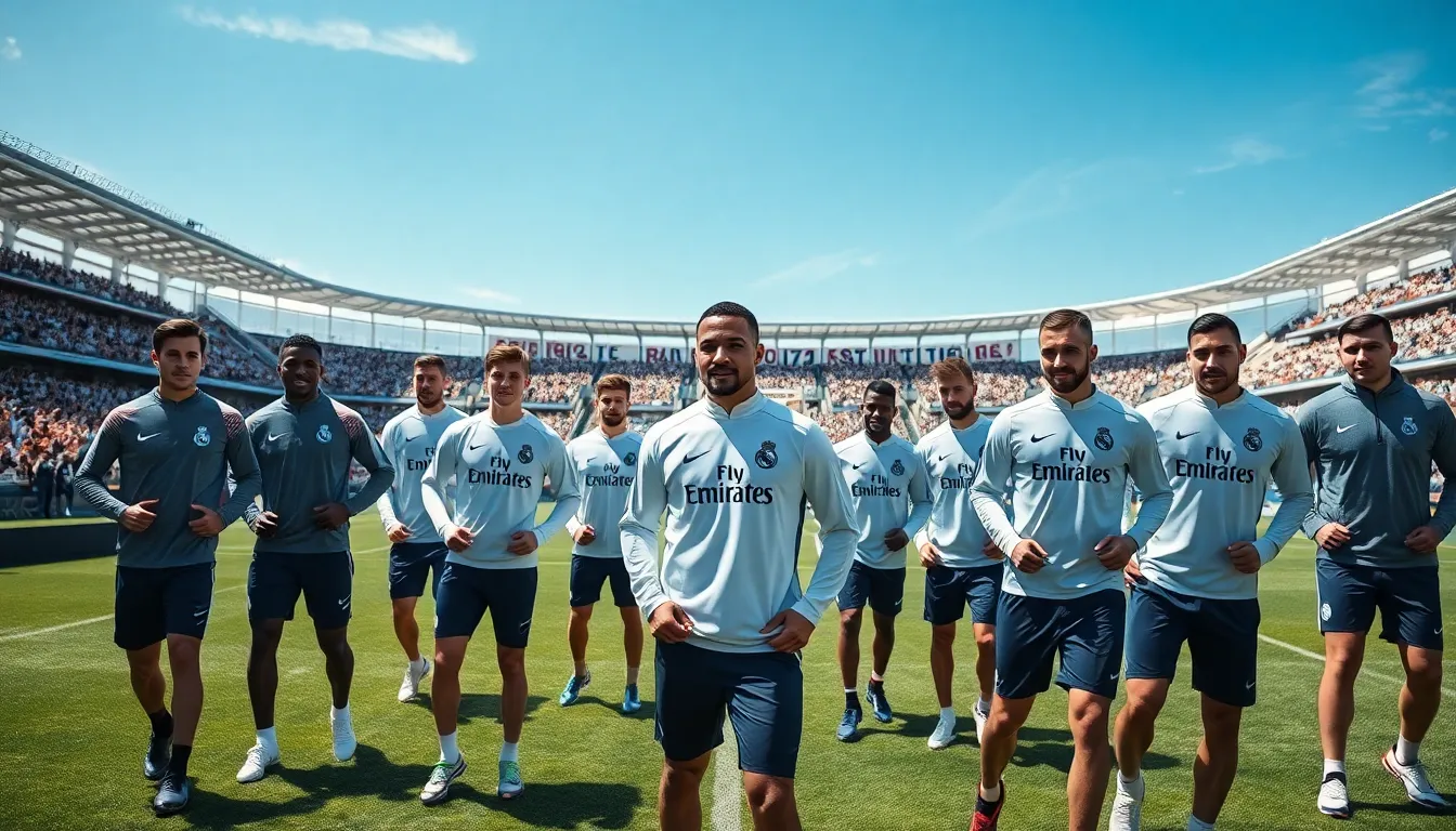 diverse athletes wearing Real Madrid Nike gear on a training field.