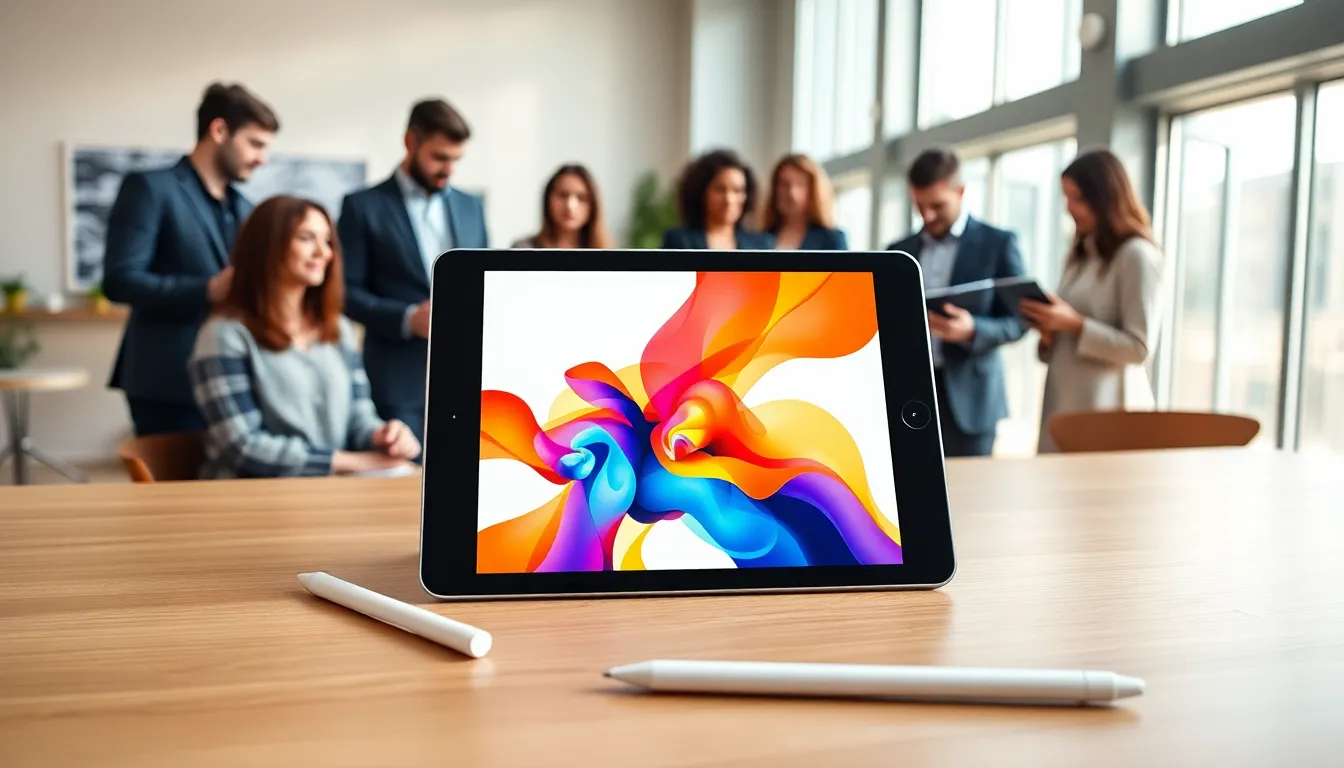 iPad and Apple Pencil on a sleek desk with professionals collaborating.