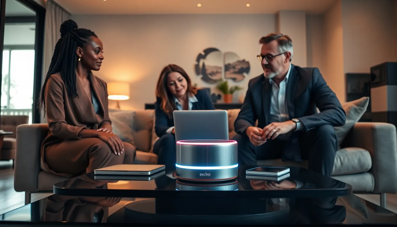 diverse group discussing the Bulldog Tech Echo in a modern living room.