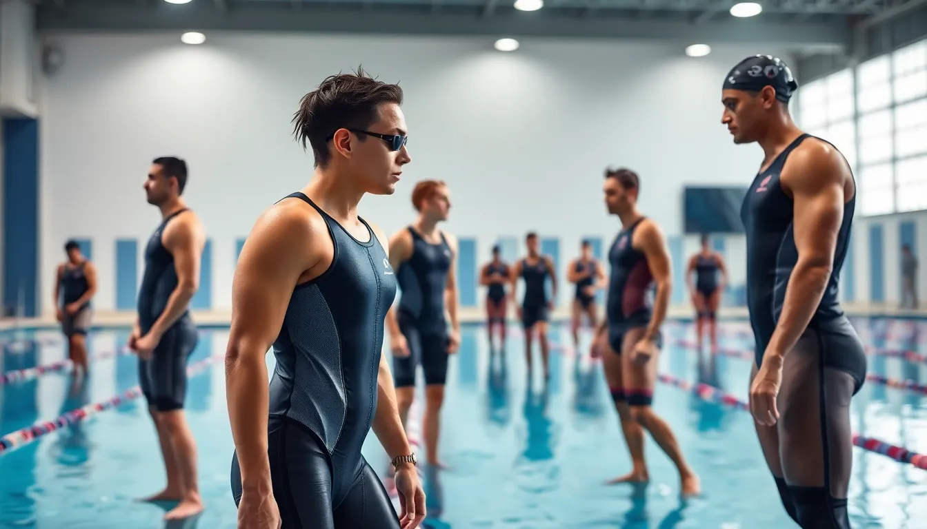 swimmers in advanced tech suits at a swimming pool.